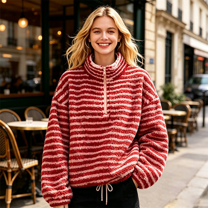 New loose-fitting, warm wool-blend top with a stand-up collar