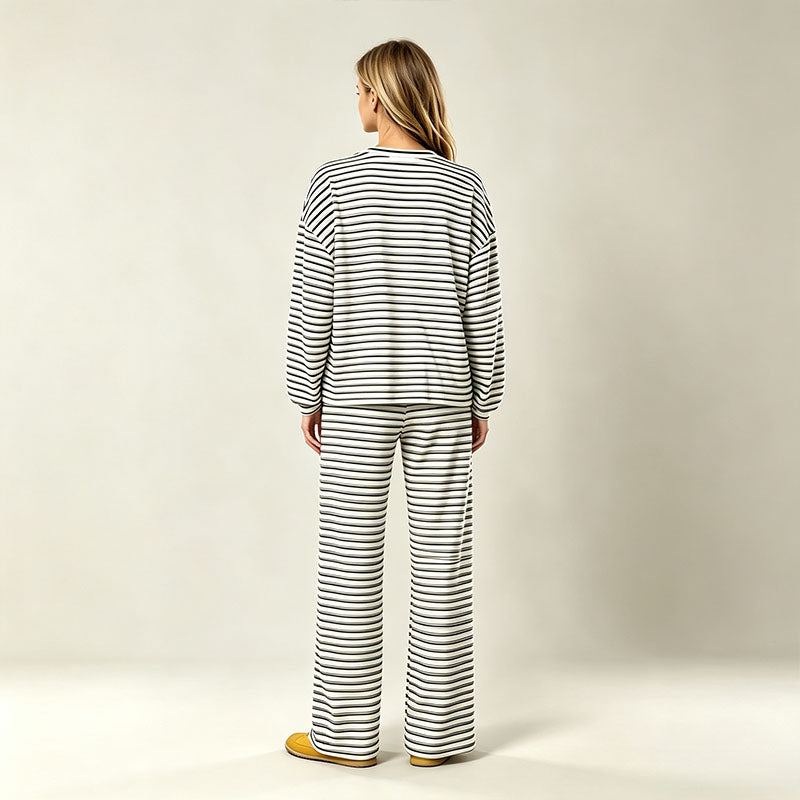 Autumn/Winter Striped Casual Long-Sleeve Top and High-Waisted Pants Set