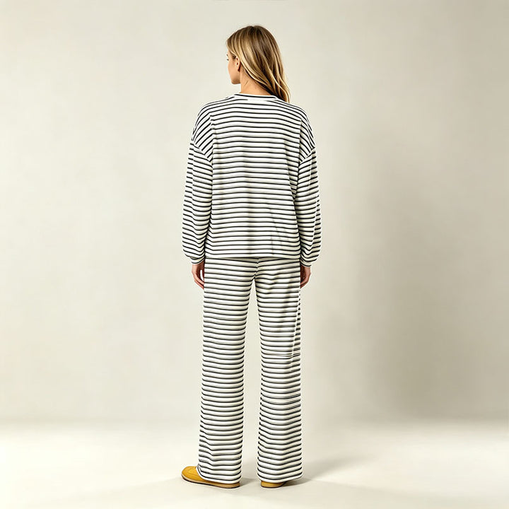 Autumn/Winter Striped Casual Long-Sleeve Top and High-Waisted Pants Set