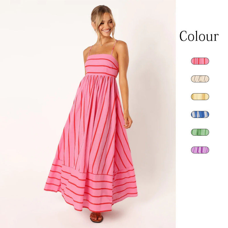 Striped Backless Spaghetti-Strap Dress