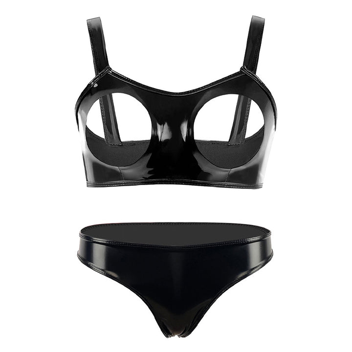 Sexy glossy patent PU bra and narrow-crotch panty set
