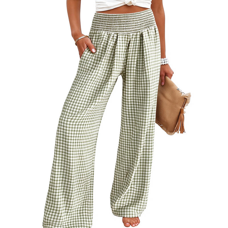 High-waisted, wide-leg plaid trousers—a stylish choice