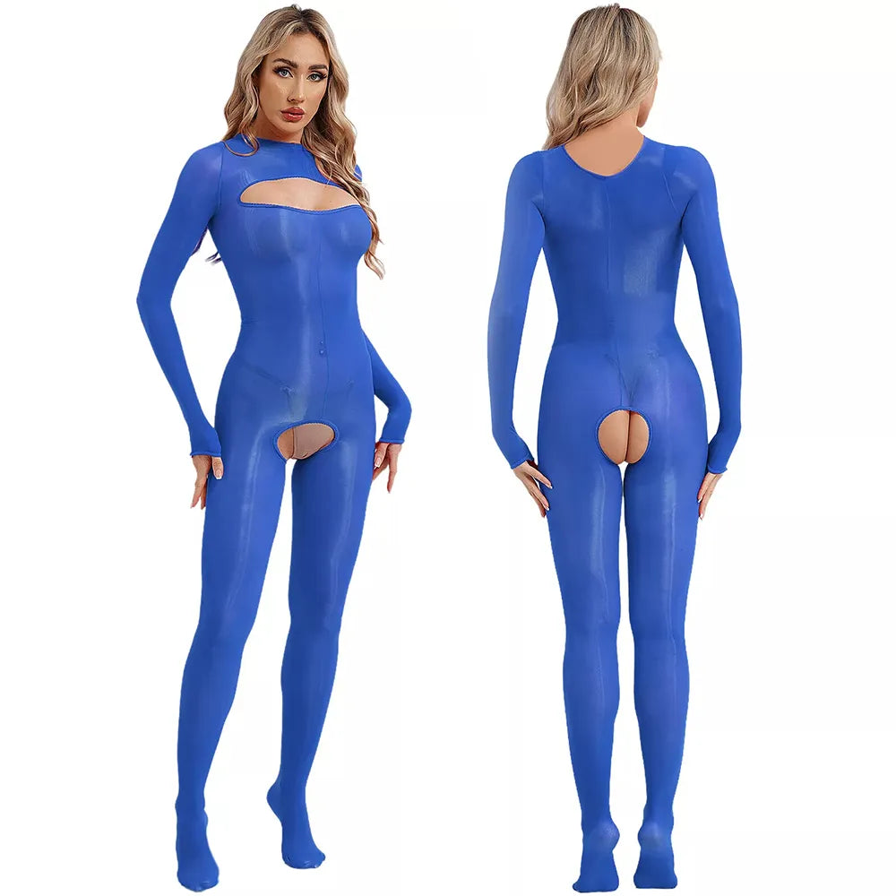 Glänzender, transparenter Seiden-Bodysuit mit langen Ärmeln und offenem Schritt