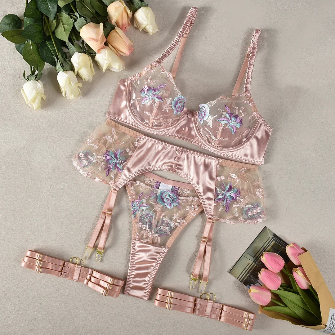 Nude Pink Satin &amp; Lace Embroidered Set
