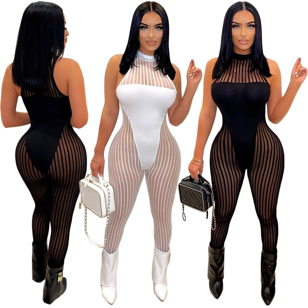New sexy striped see-through sleeveless jumpsuit