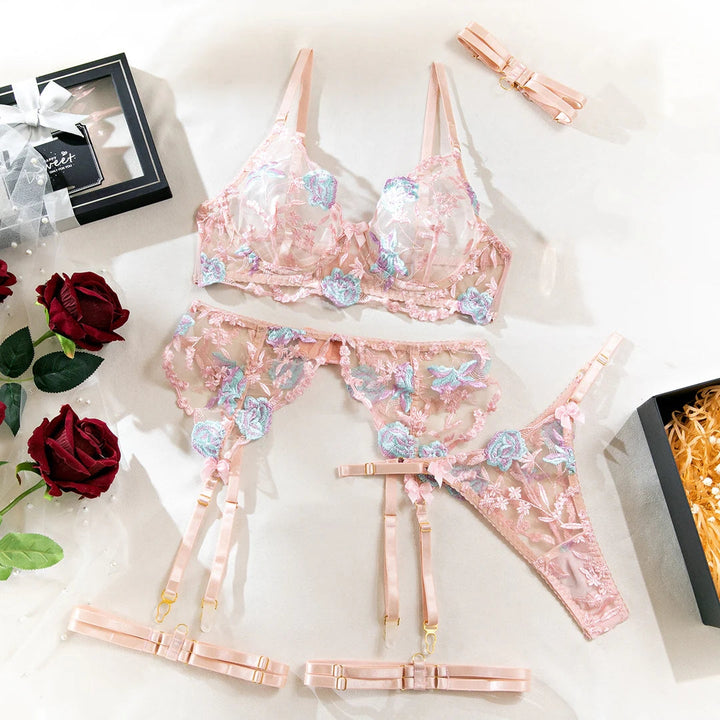 Pink Floral Embroidered Garter Set