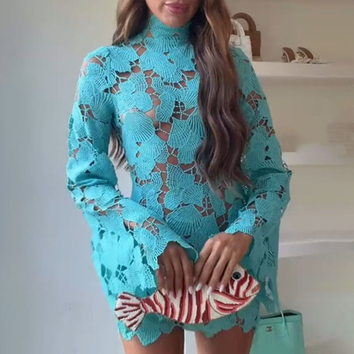 New long-sleeve lace dress featuring a scalloped stand collar.