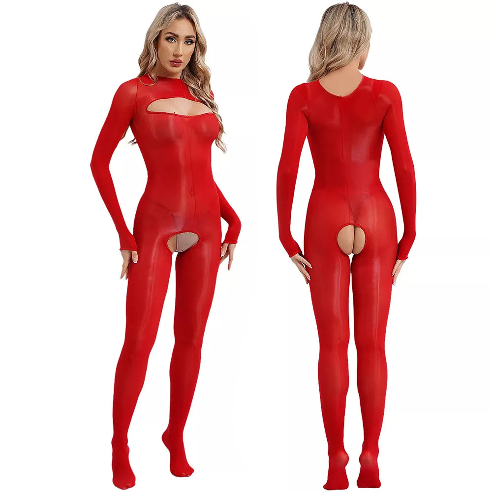 Glänzender, transparenter Seiden-Bodysuit mit langen Ärmeln und offenem Schritt