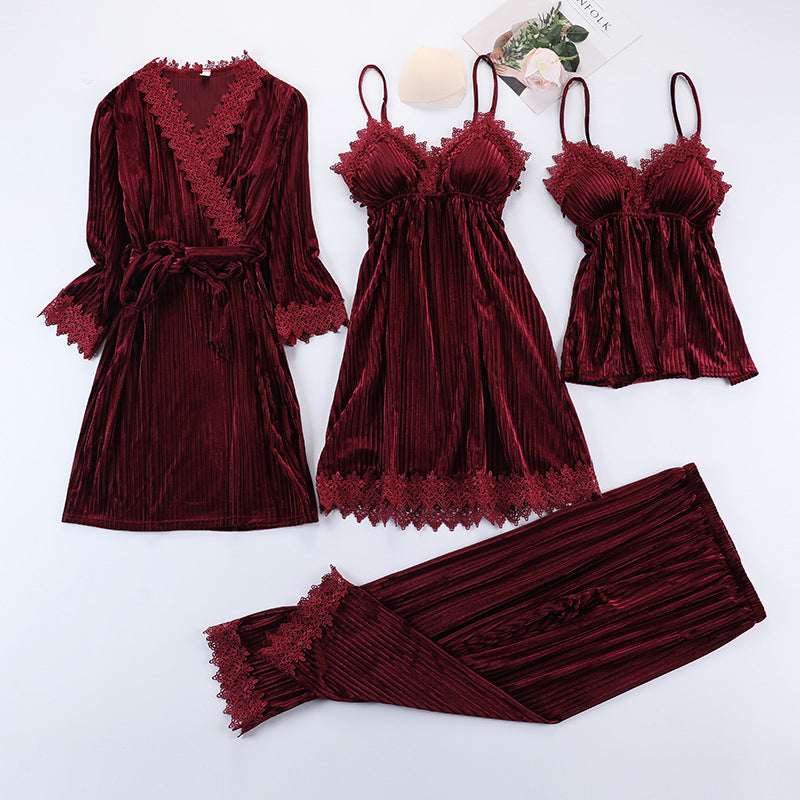 Four-piece golden velvet pajama set