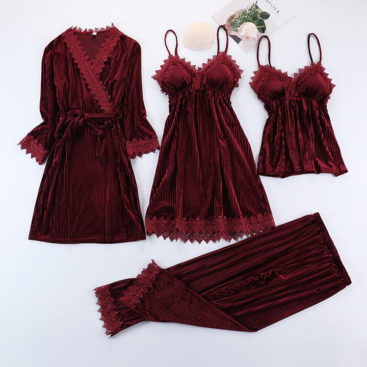 Four-piece golden velvet pajama set