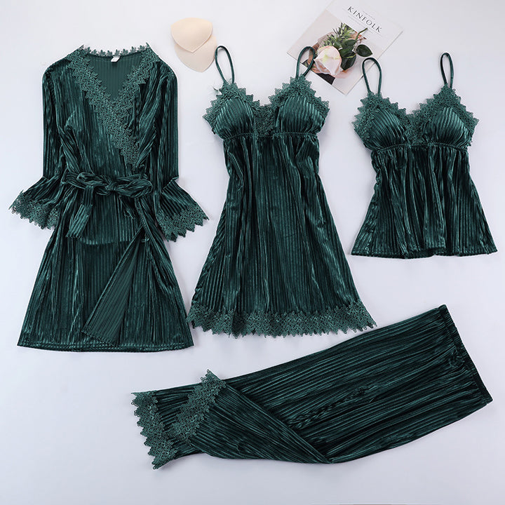 Four-piece golden velvet pajama set