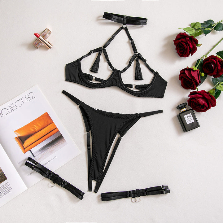 Sexy Tassel Open Cup &amp; Crotch Lingerie Set