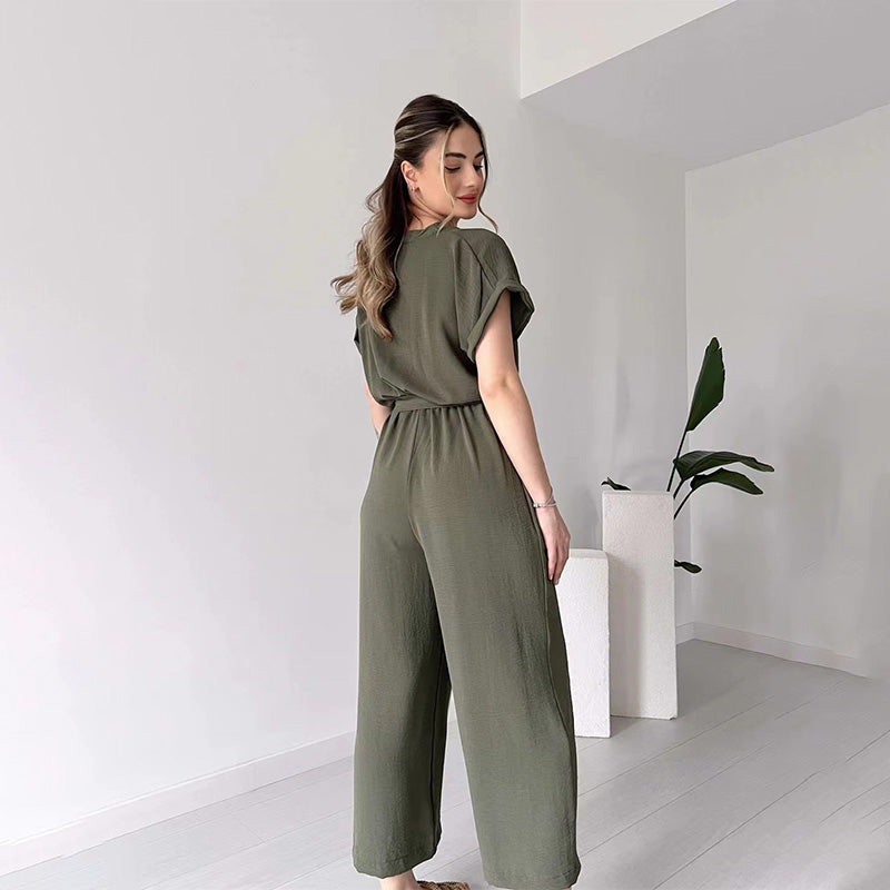 Solid-color V-neck high-waisted belted straight-leg jumpsuit