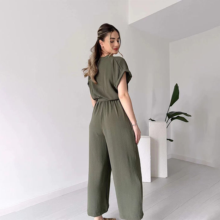 Solid-color V-neck high-waisted belted straight-leg jumpsuit