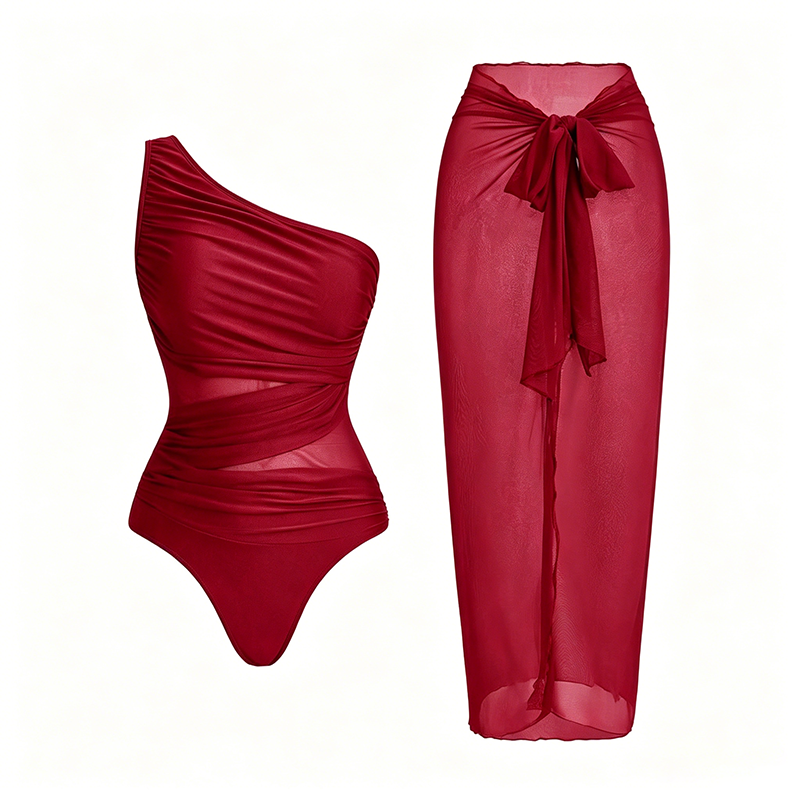 Mesh-Paneled One-Piece Swimsuit (with Wrap Skirt)