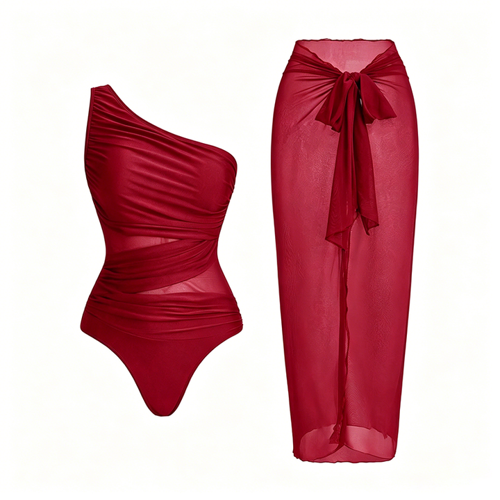 Mesh-Paneled One-Piece Swimsuit (with Wrap Skirt)