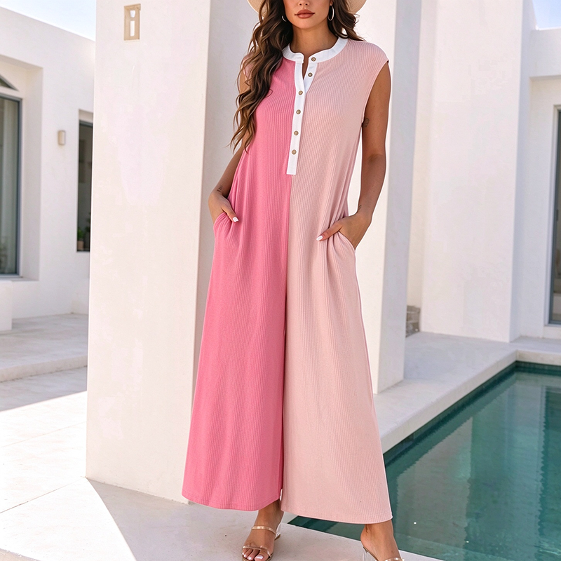 New Summer Color-Block Sleeveless Wide-Leg Jumpsuit