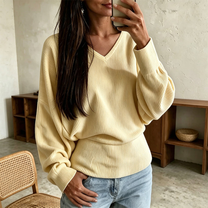 New Casual Loose Ribbed V-Neck Long-Sleeve T-Shirt
