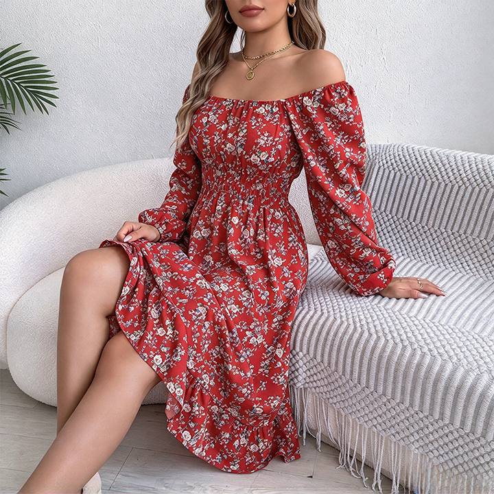 Elegant floral long-sleeve ruffled dress with a fitted waist.