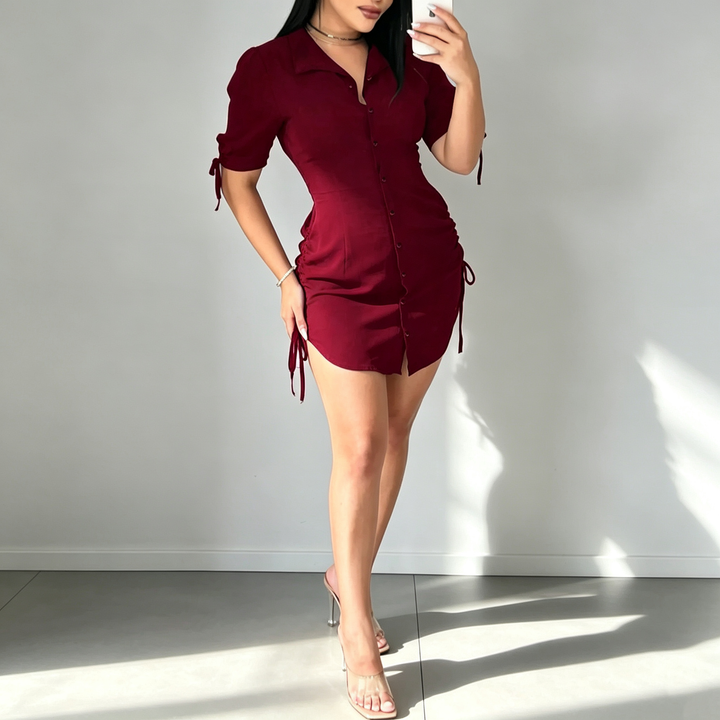 New stylish solid-color short-sleeve drawstring shirt dress