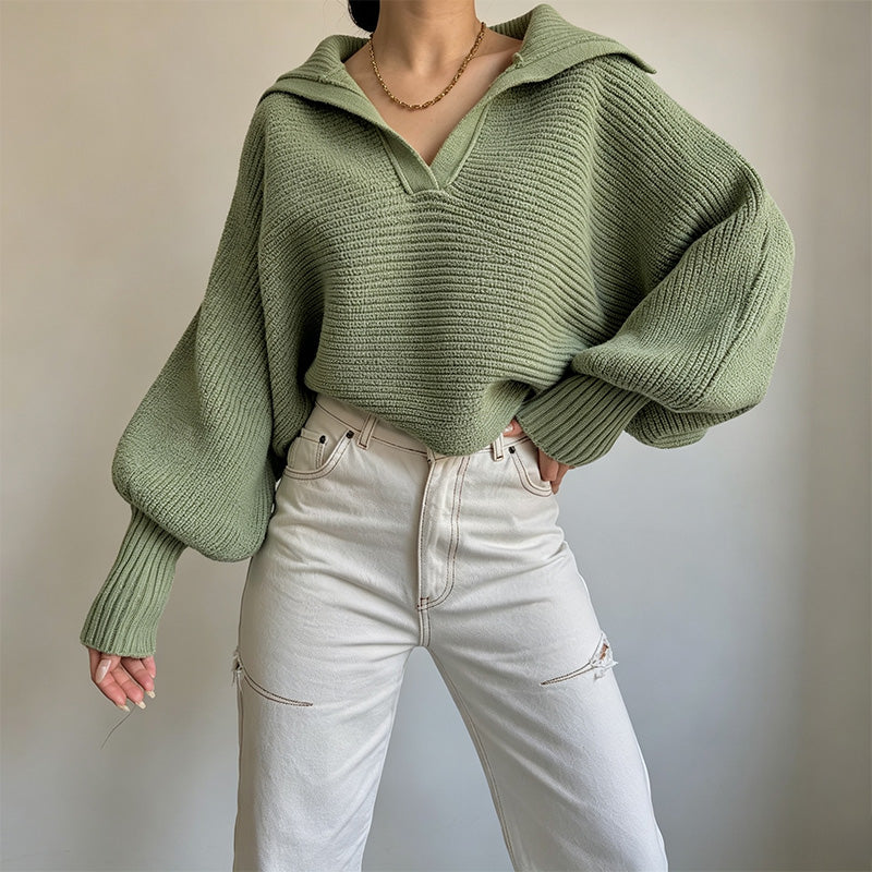 Open-collar loose-fit cropped pullover sweater