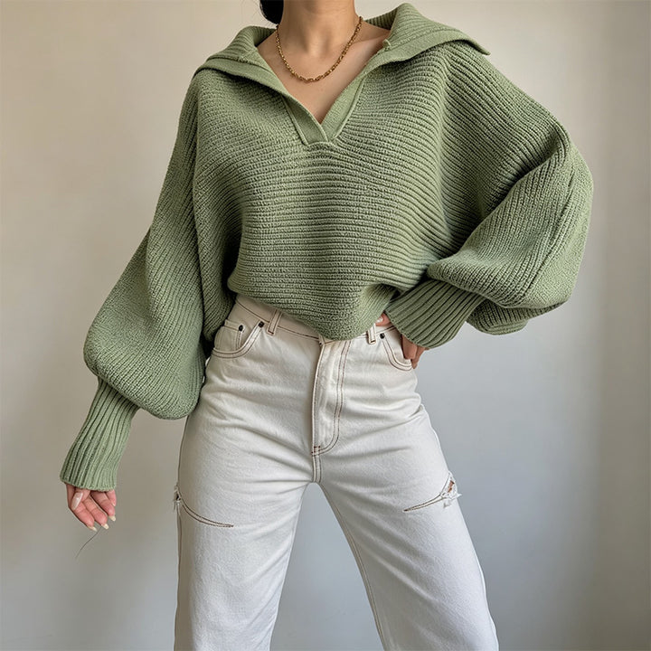 Open-collar loose-fit cropped pullover sweater