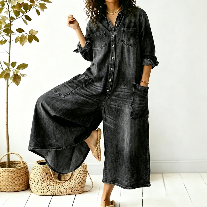 Single-Breasted Denim-Look Shirt Jumpsuit