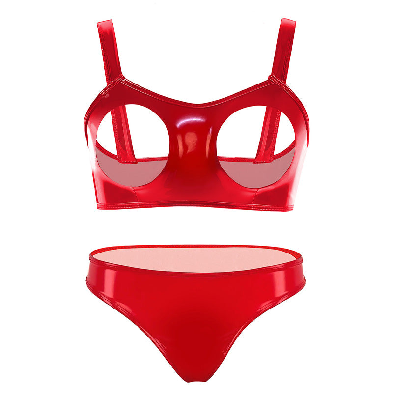 Sexy glossy patent PU bra and narrow-crotch panty set