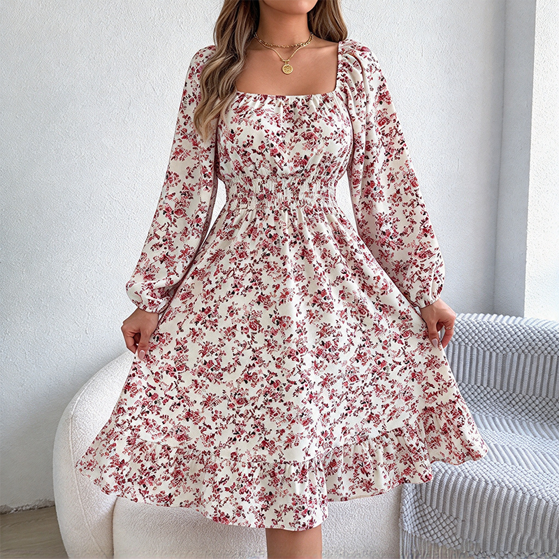 Elegant floral long-sleeve ruffled dress with a fitted waist.
