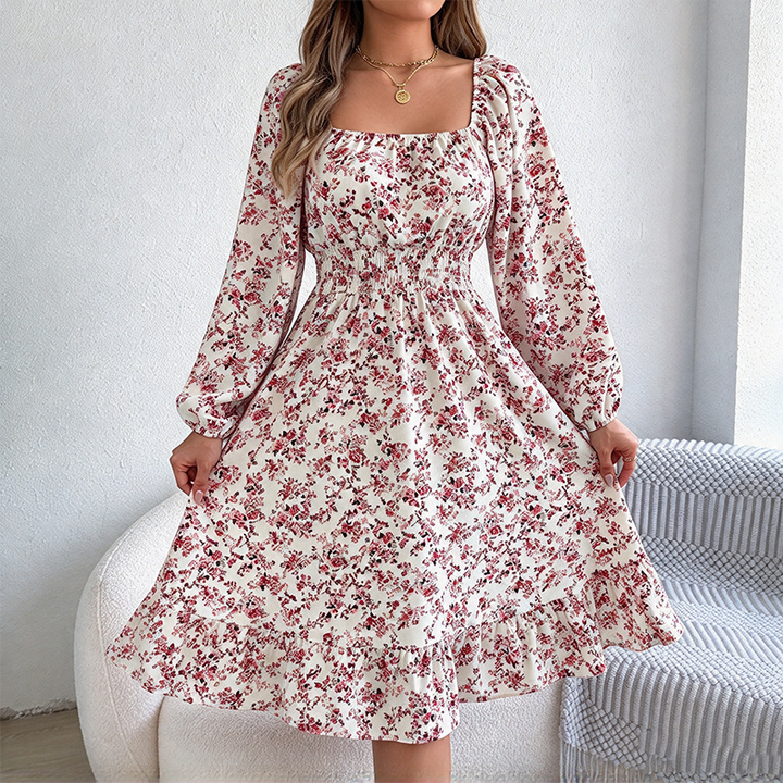 Elegant floral long-sleeve ruffled dress with a fitted waist.