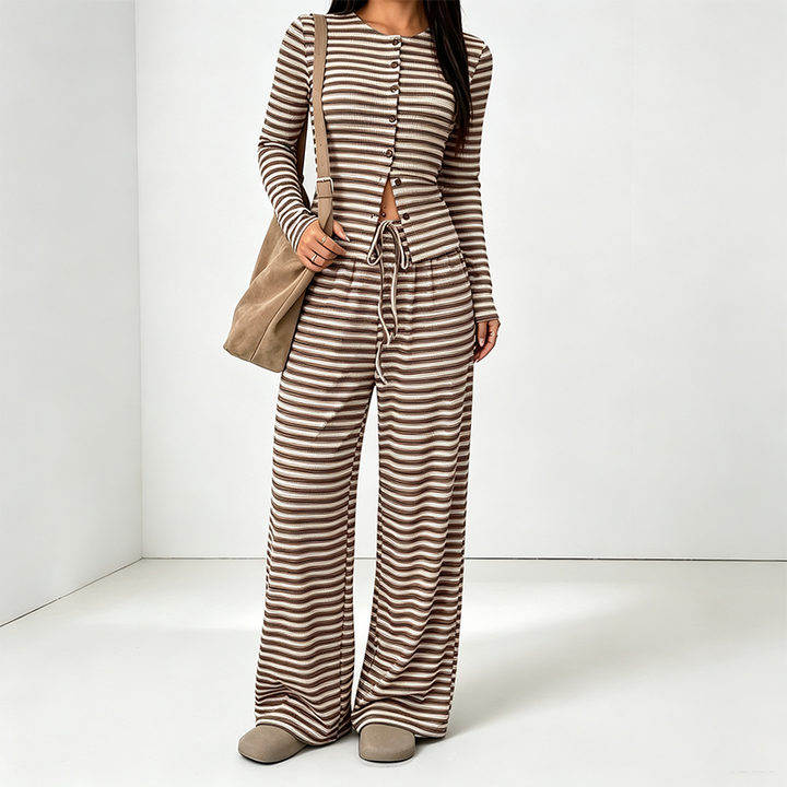 Best-selling striped set: slim-fit long-sleeve top and trousers.
