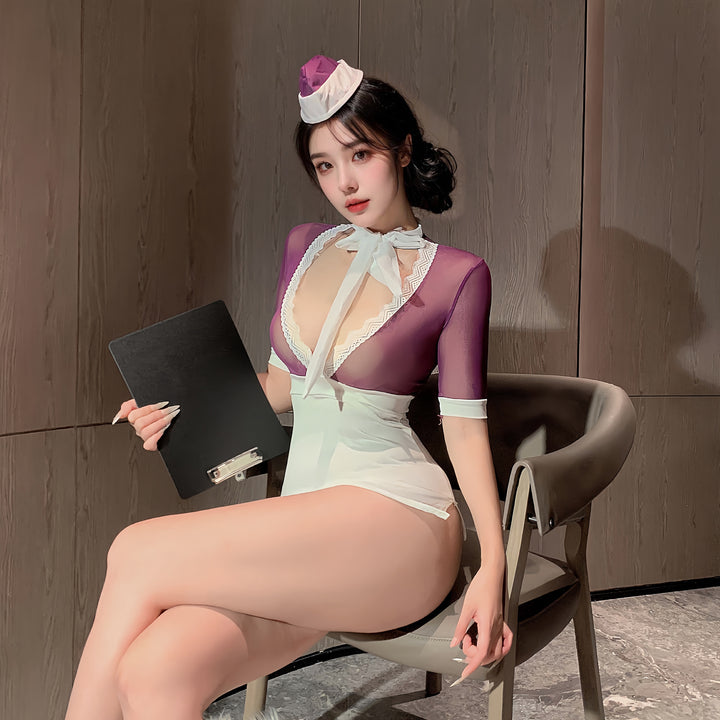 Lace deep-V-neck flight attendant uniform paired with a form-fitting skirt