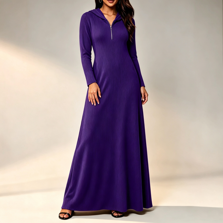Half-zip hooded knit casual maxi dress