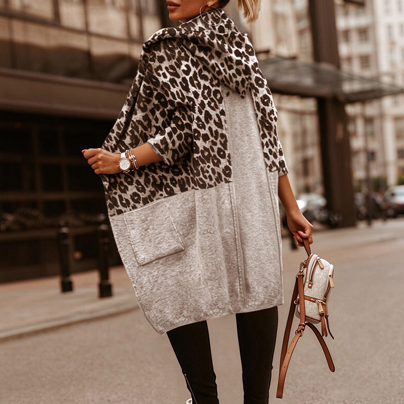 Stylish Leopard-Print Hooded Knit Cardigan (Mid-Length)