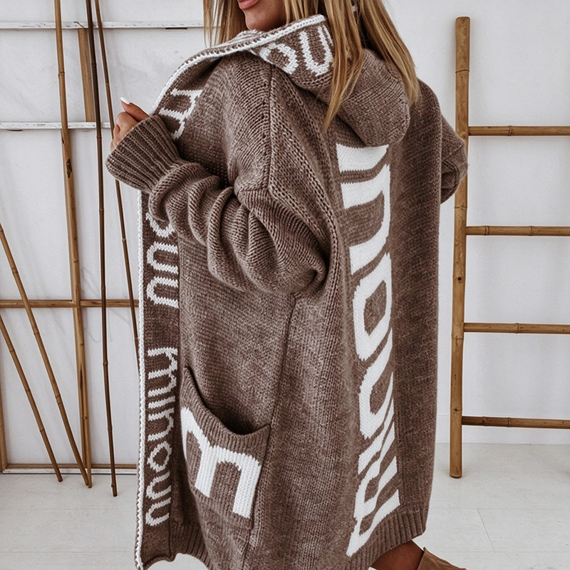New Autumn/Winter Long Hooded Letter-Pattern Knit Cardigan