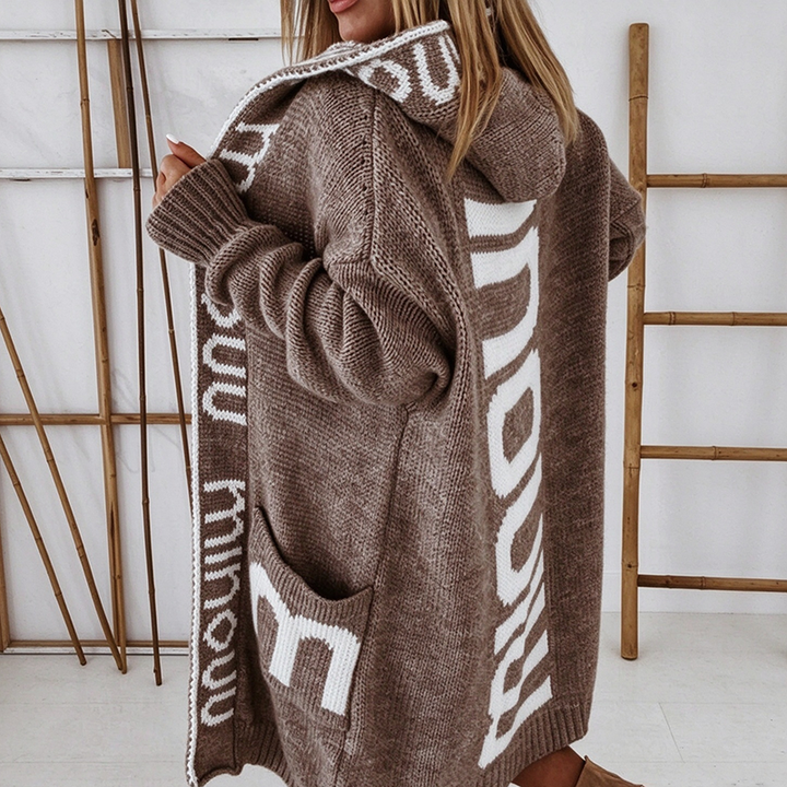 New Autumn/Winter Long Hooded Letter-Pattern Knit Cardigan