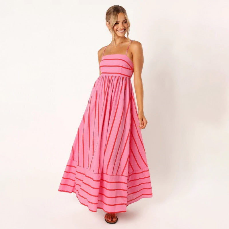 Striped Backless Spaghetti-Strap Dress