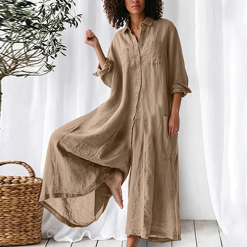 Solid-color mid-length cotton-linen shirt-style jumpsuit