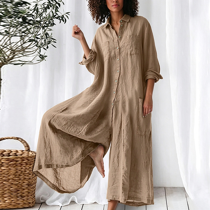 Solid-color mid-length cotton-linen shirt-style jumpsuit