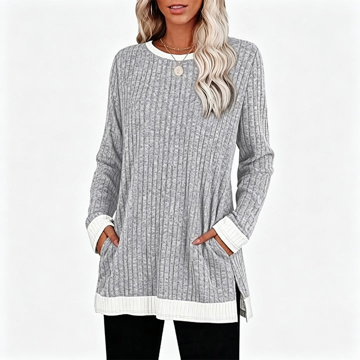 New Color-Block Long-Sleeve T-Shirt (with Pocket and Side Slits)