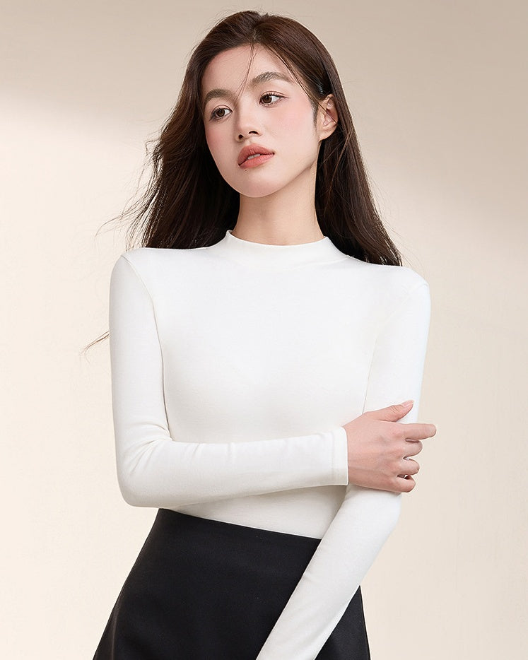 High-neck cotton top + leather skirt