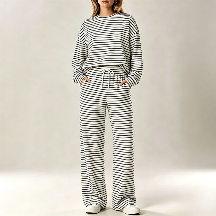 Autumn/Winter Striped Casual Long-Sleeve Top and High-Waisted Pants Set