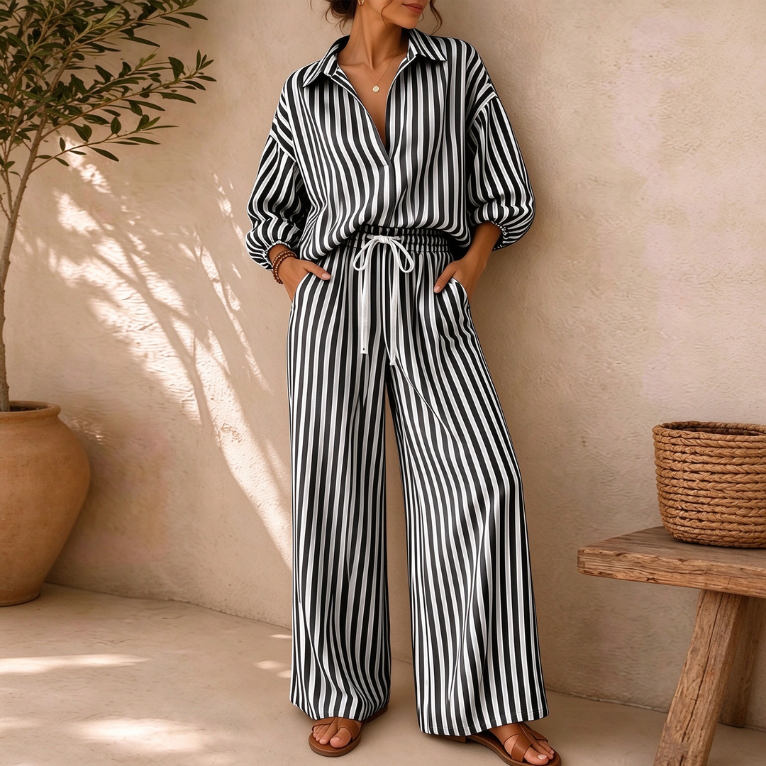 New Summer Striped Three-Quarter Sleeve Top and Straight-Leg Pants Set
