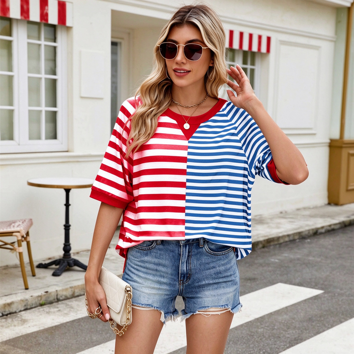 New loose-fit, short-sleeved, color-block striped crew-neck top