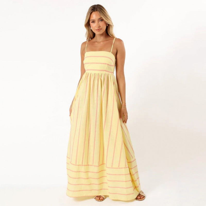 Striped Backless Spaghetti-Strap Dress