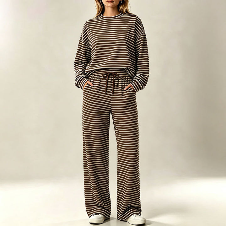 Autumn/Winter Striped Casual Long-Sleeve Top and High-Waisted Pants Set