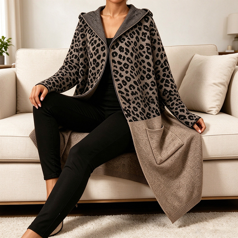 Stylish Leopard-Print Hooded Knit Cardigan (Mid-Length)