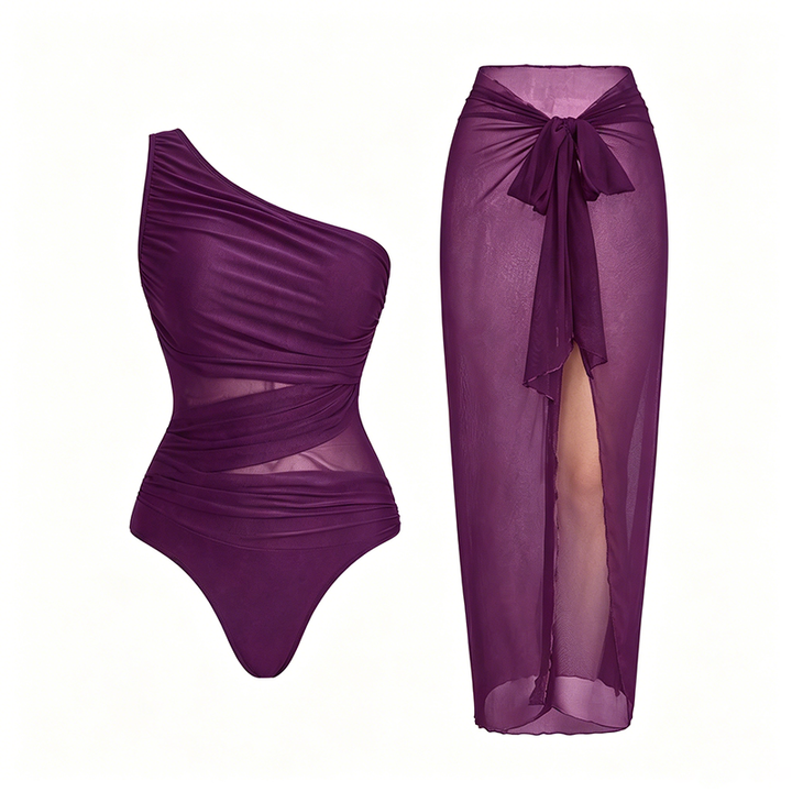 Mesh-Paneled One-Piece Swimsuit (with Wrap Skirt)