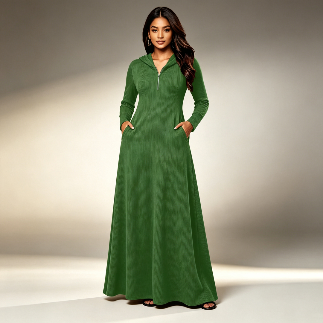 Half-zip hooded knit casual maxi dress