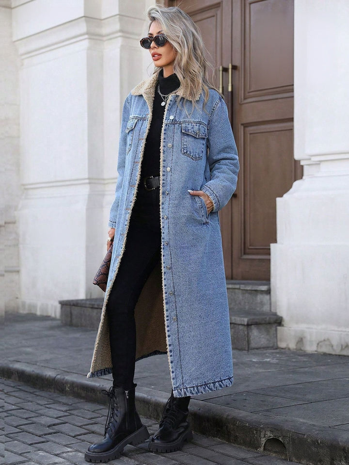 Oversized, long-line, fleece-lined denim jacket